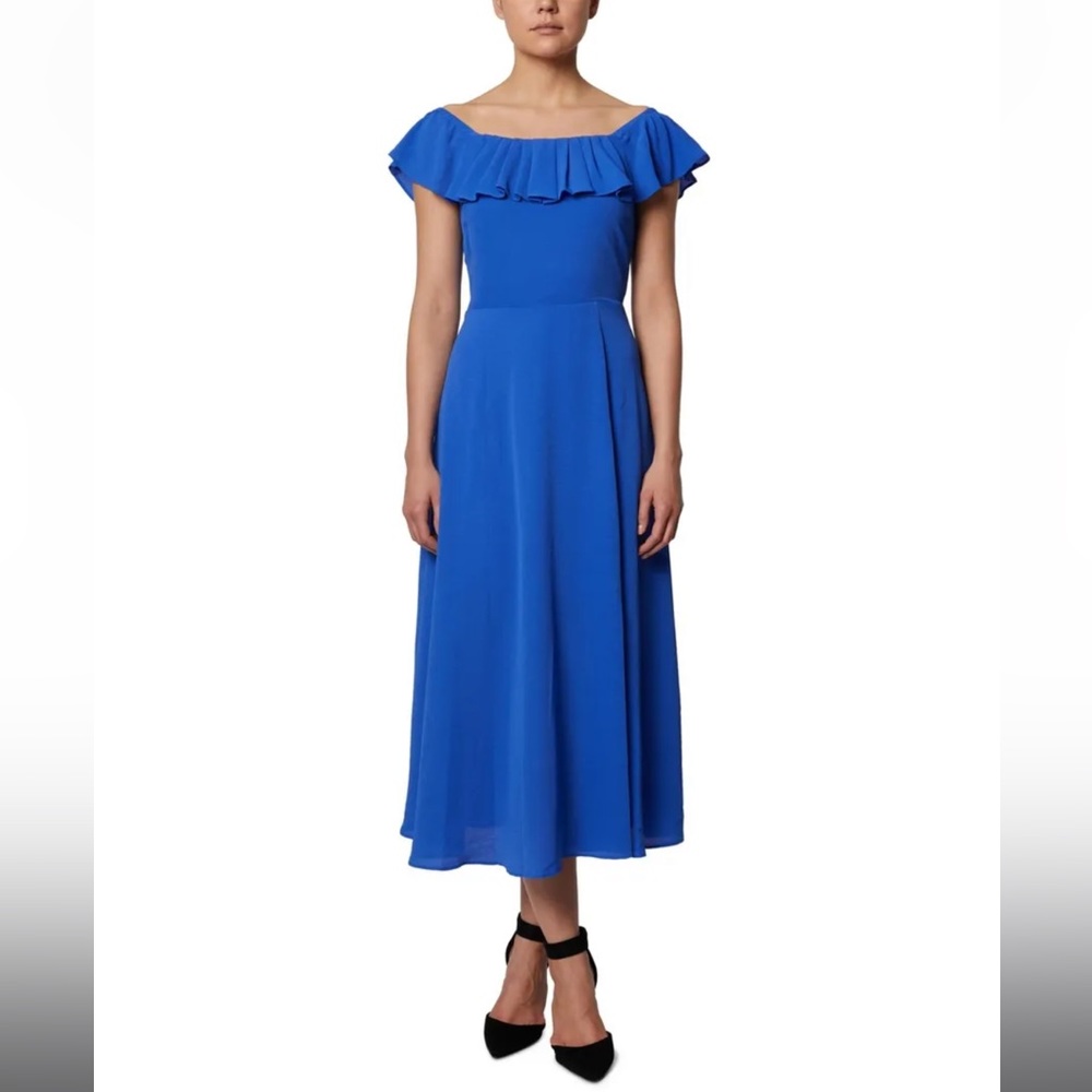 BCBGeneration Blue Flutter Sleeve Off the Shoulder Midi Dress Size 0